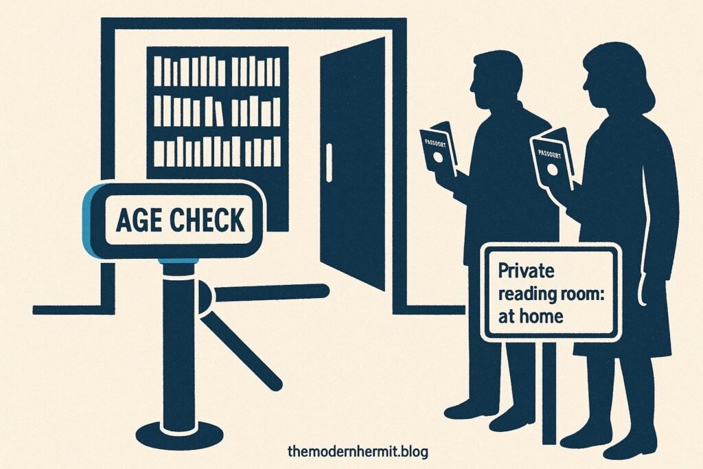 Turnstile marked Age Check blocks entry to a library; adults show ID while a sign points to private reading at home.