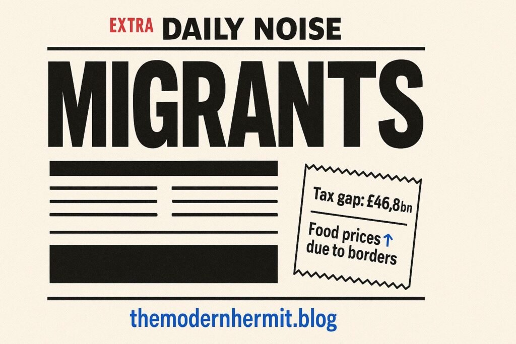 A mock tabloid headline about migrants dominates the page while a small receipt lists tax gap and food price figures.