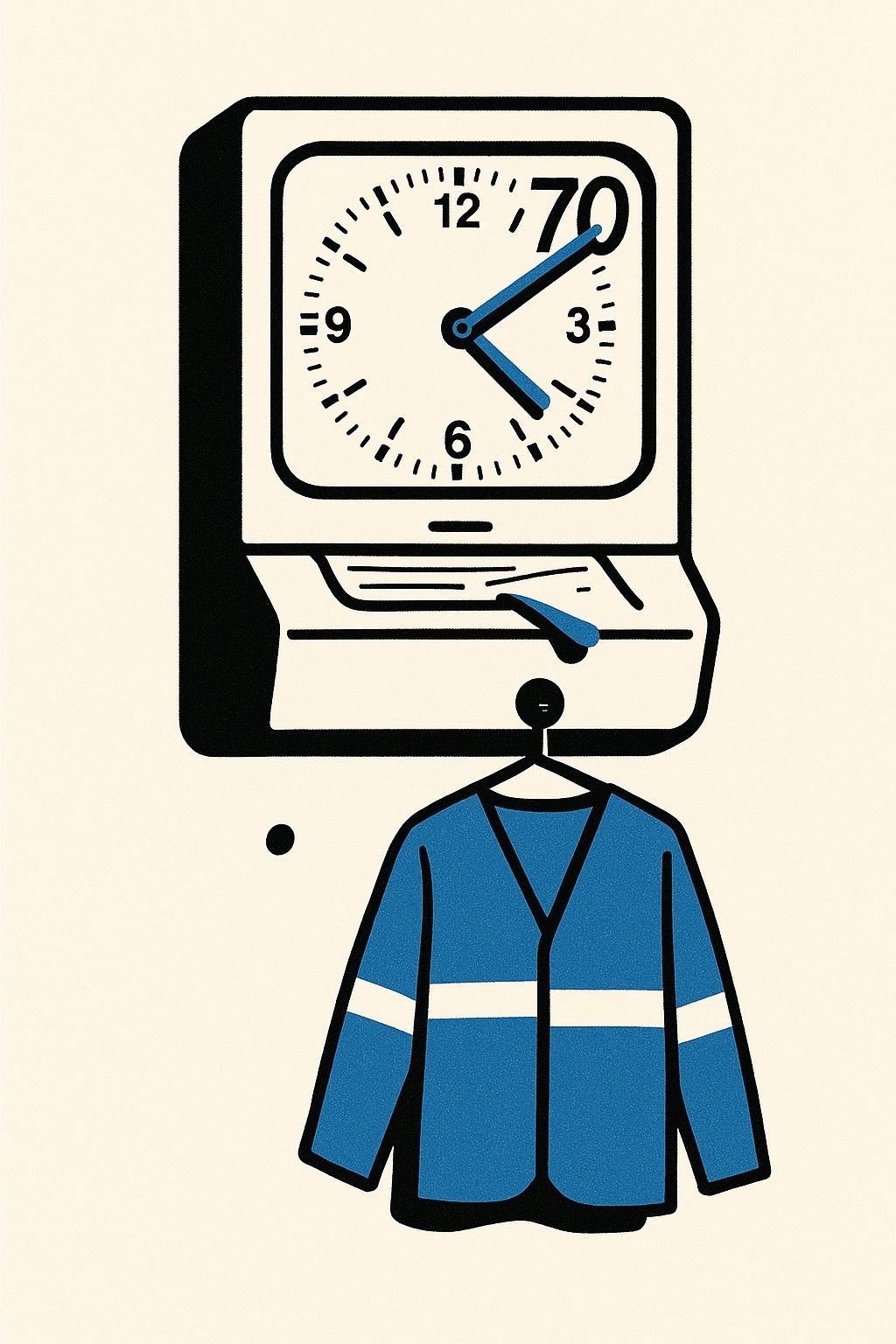 A factory punch clock forced to 70, with a hi-vis jacket on a hook below.