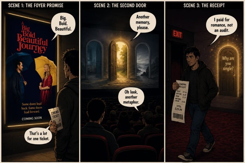 A three-panel comic shows a cinema poster, a magical door on a screen, and a lone viewer leaving with a receipt.