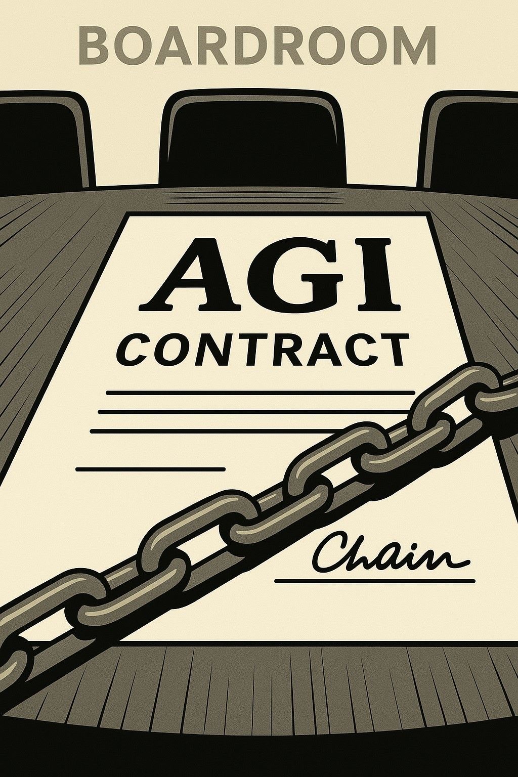 A contract stamped “AGI” lies on a boardroom table, signed not with ink but with a chain, symbolising control over intelligence.