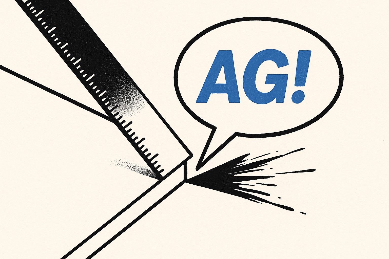 A ruler drawing a neat page border as a loud “AGI!” bubble smears the line, symbolising hype wrecking basics.