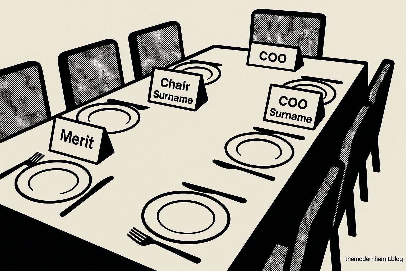 Boardroom table laid like a banquet with identical family name place cards and an empty chair labelled Merit.