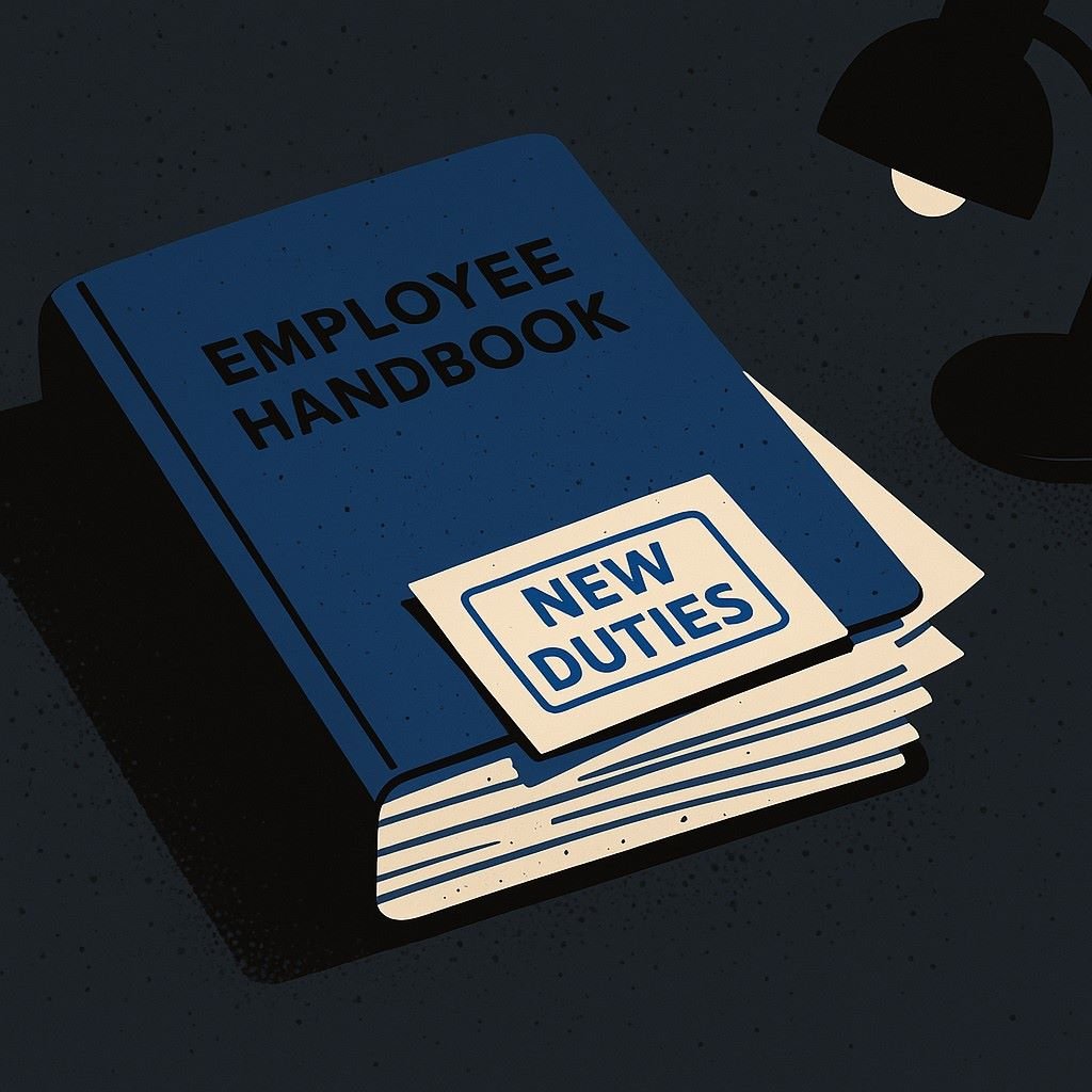 A dusty employee handbook overflowing with added pages, symbolising exploitation and poor work conditions.