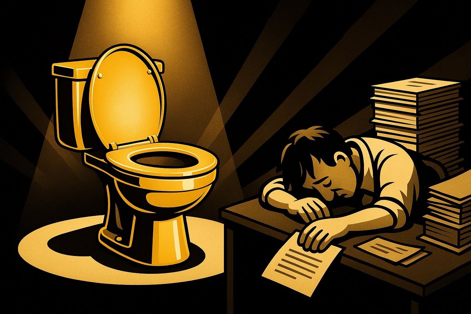 A toilet on a stage shines under a spotlight, while behind it a worker slumps over paperwork, showing the gap between surface upgrades and real needs.