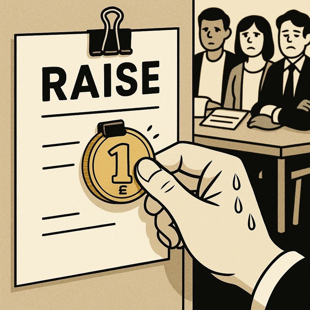 A corporate memo titled “Raise” with a single pound coin clipped to it. Workers behind look tired and unamused.