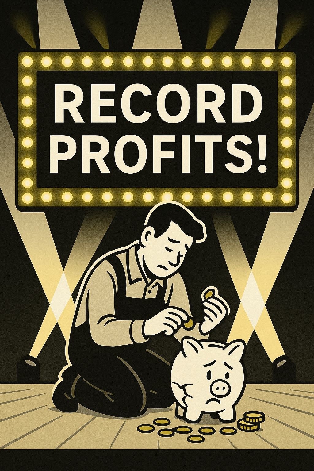 A stage backdrop announces “Record Profits!” while a worker beneath counts coins into a jar, showing the gap between corporate wealth and wages.