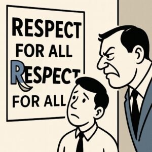 A corporate poster reads “Respect for All,” but the word “respect” is peeling away while a manager sneers at a junior standing nearby.