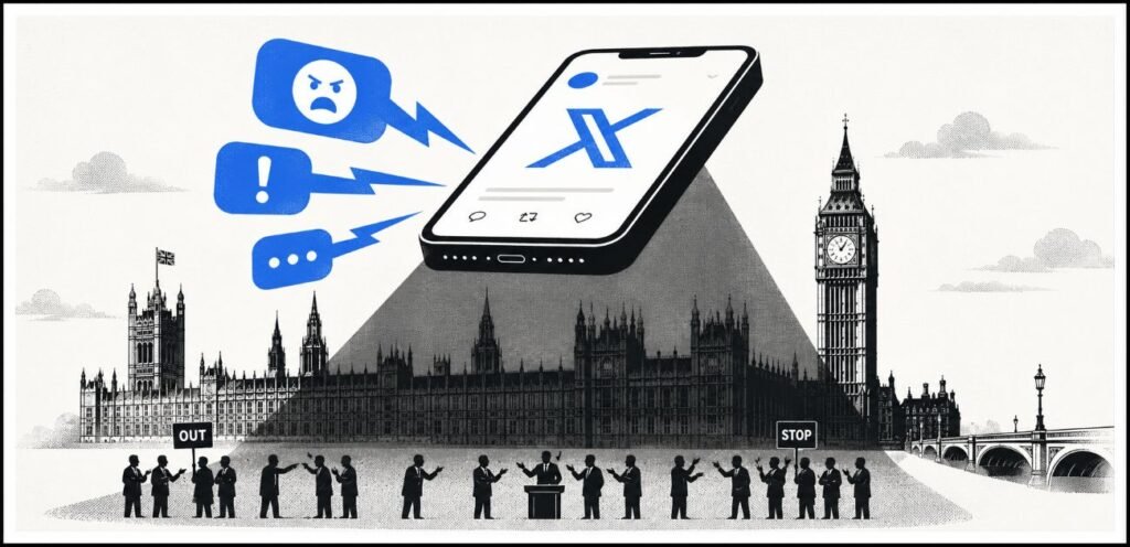 A giant smartphone above Parliament projects speech bubbles while small political figures argue below it. The image shows social media influence over British politics.