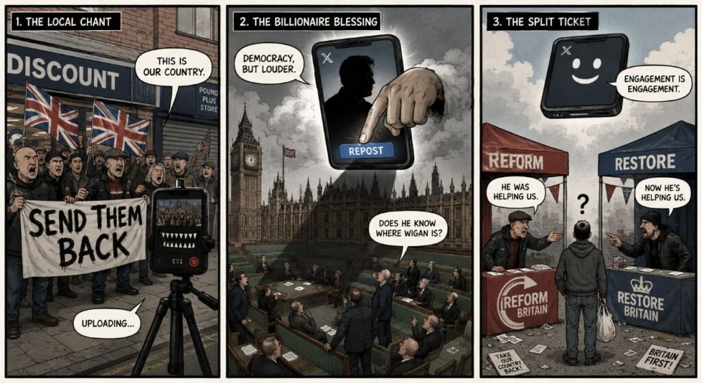 A three-panel comic shows a local anti-immigration chant becoming amplified by a giant phone above Parliament, then splitting right-wing campaign stalls.