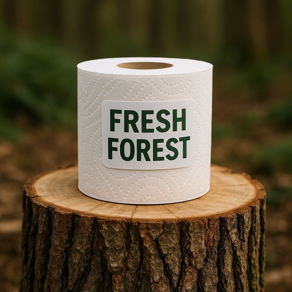 A toilet roll marked “Fresh Forest” stands on a tree stump, mocking the destruction of forests for waste.