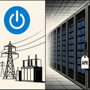 Wide image of an electrical substation blending into a data centre interior with server racks. A small tag on the pylon reads APR. A blue power icon sits on the left.