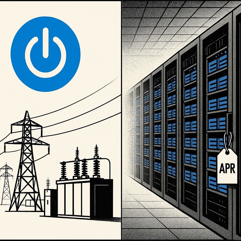 Wide image of an electrical substation blending into a data centre interior with server racks. A small tag on the pylon reads APR. A blue power icon sits on the left.