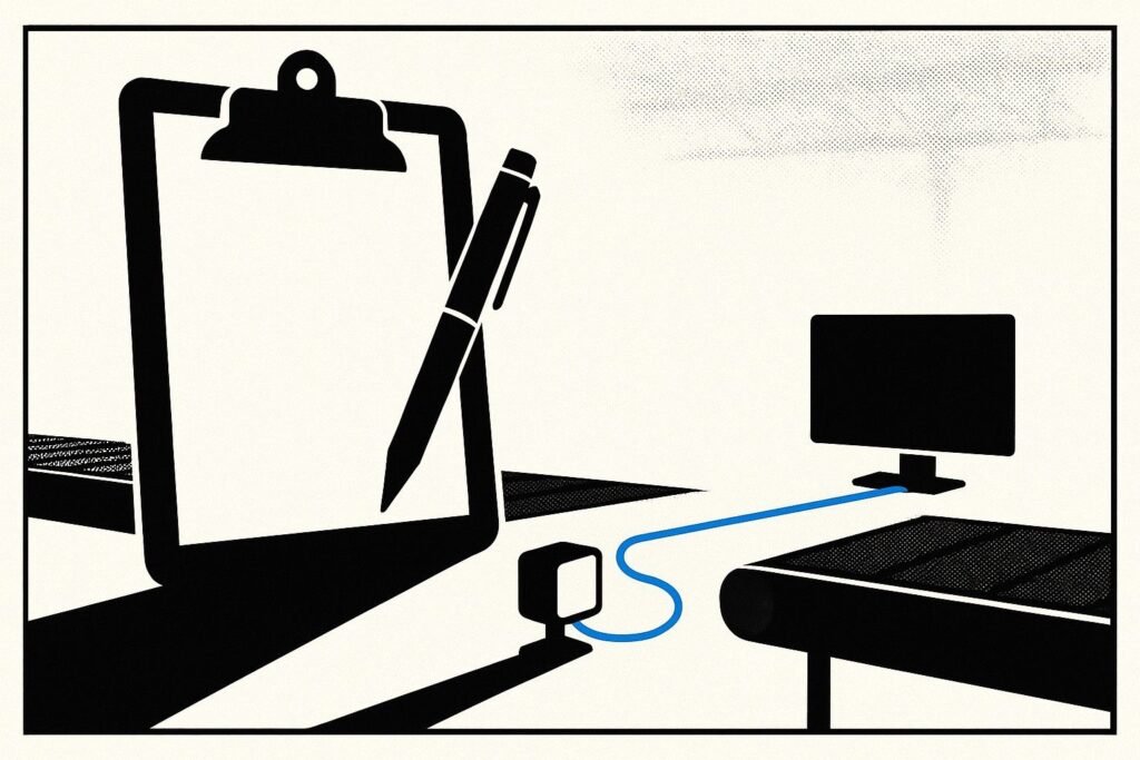 A large clipboard and pen sit in front of a factory conveyor. A small wired sensor connects to a blank monitor. The conveyor is stopped. A single blue line runs across the scene.
