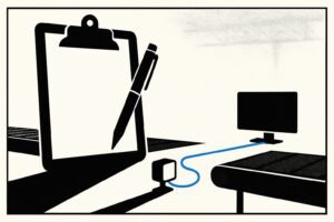 A large clipboard and pen sit in front of a factory conveyor. A small wired sensor connects to a blank monitor. The conveyor is stopped. A single blue line runs across the scene.