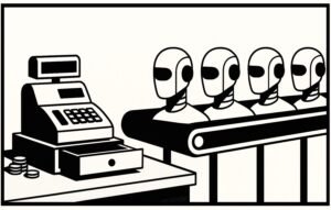 A small shop counter with a till showing a rising total. On the right, a line of robot heads moves on a conveyor. A thick border surrounds the image.