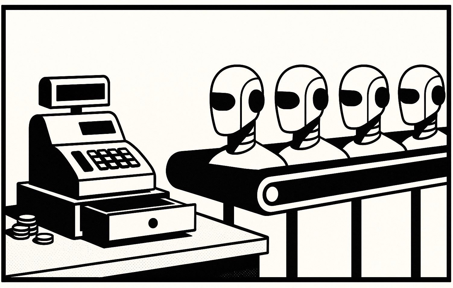 A small shop counter with a till showing a rising total. On the right, a line of robot heads moves on a conveyor. A thick border surrounds the image.