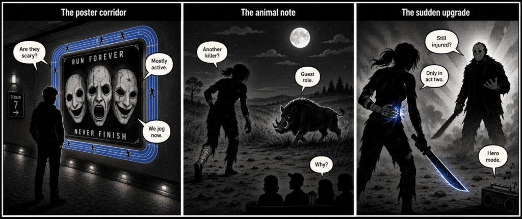 A 3-panel comic shows a viewer facing horror masks, a wild boar entering a dark field, and a wounded heroine fighting in the finale.