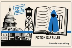 TV: Silhouette of the US Capitol blending into a watchtower with a thin blue line. Book: An open book with a red cloak-shaped bookmark and bar-like shadows on the page.