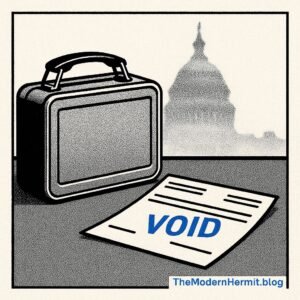 A metal lunchbox on a grey desk. A pay stub stamped VOID in blue. Capitol blurred in the background.