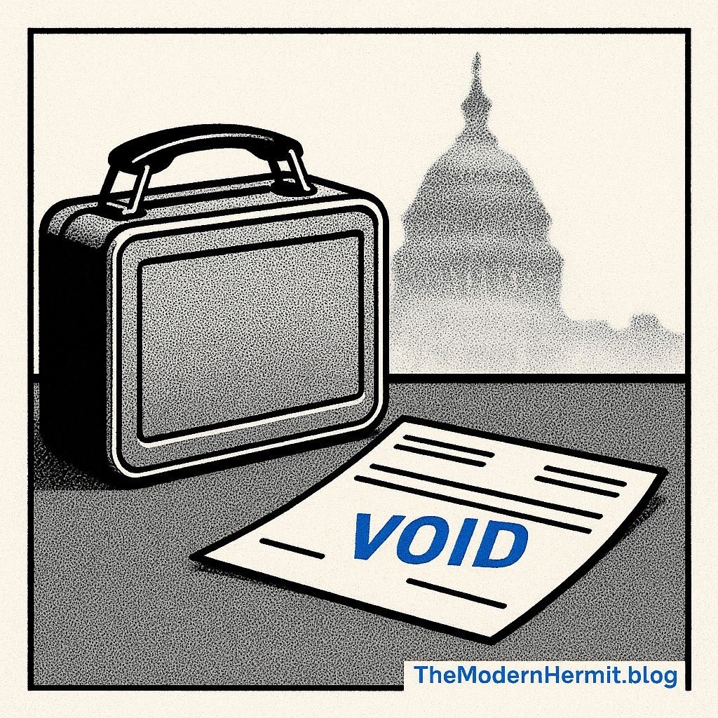A metal lunchbox on a grey desk. A pay stub stamped VOID in blue. Capitol blurred in the background.