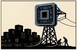 Illustration of a giant GPU mounted on a tall electricity pylon above a dark data centre city, while small workers inspect a thin power cable near the base of the tower.