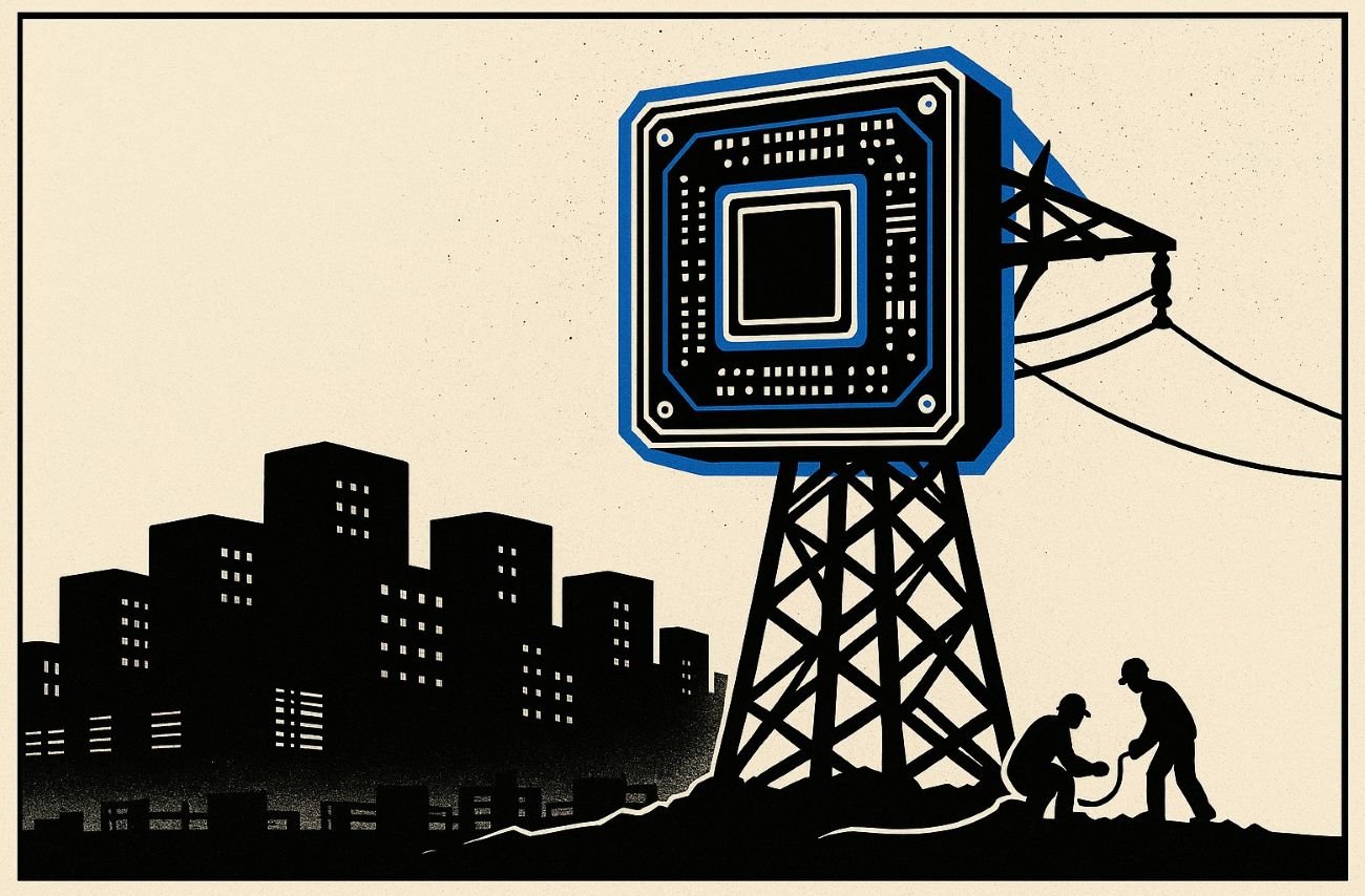 Illustration of a giant GPU mounted on a tall electricity pylon above a dark data centre city, while small workers inspect a thin power cable near the base of the tower.