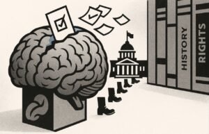 Illustration of a huge brain shaped ballot box with a crack on top, voting slips spilling out and transforming into marching boots moving toward a parliament building, with dusty bookshelves in the background.