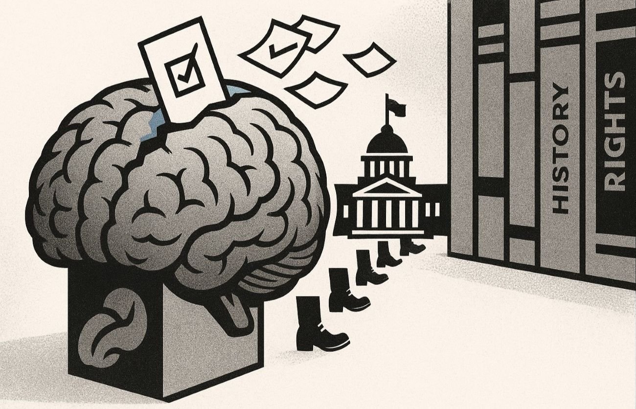 Illustration of a huge brain shaped ballot box with a crack on top, voting slips spilling out and transforming into marching boots moving toward a parliament building, with dusty bookshelves in the background.