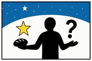 A human silhouette juggling a star, a loaf of bread and a question mark.