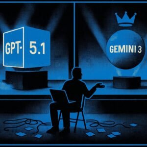 Illustration of a split tech stage showing a glowing GPT-5.1 cube on one side and a crowned Gemini 3 orb on the other, while a tired office worker with a laptop sits in front of them surrounded by cables and notes.