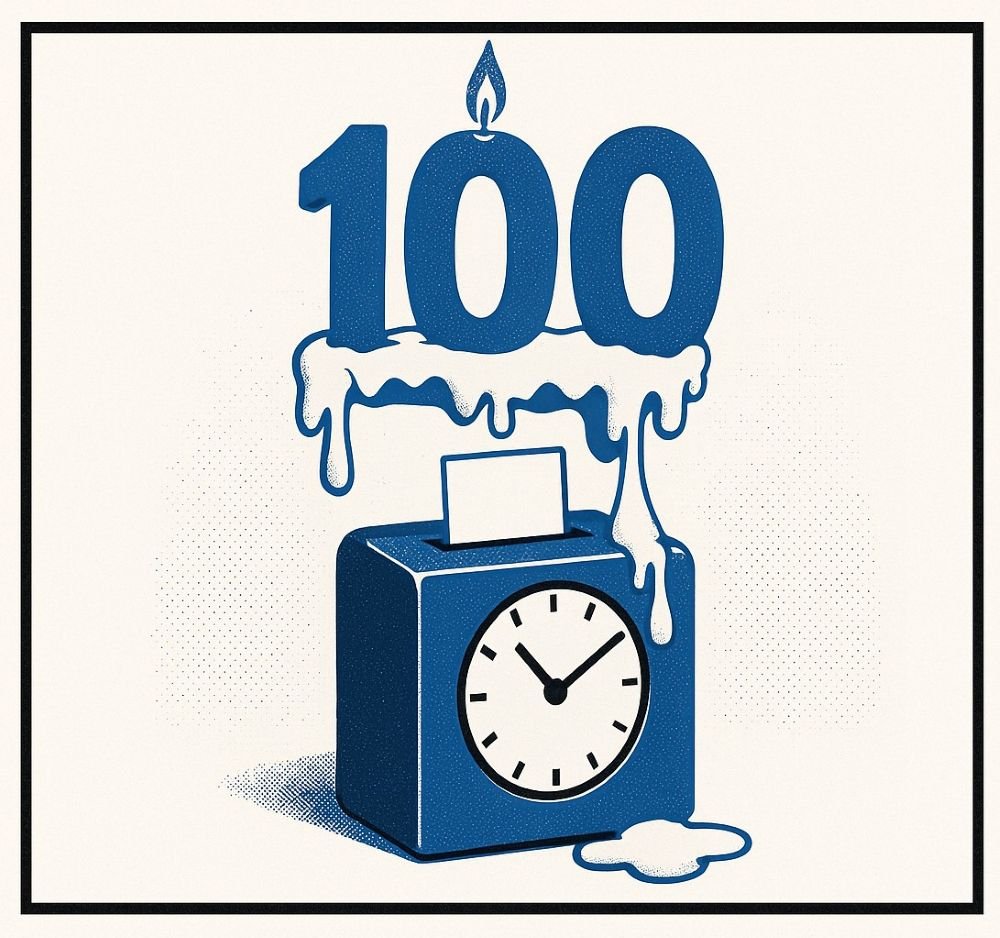 A tall candle shaped like the number 100 drips wax onto a punch time clock on a desk.