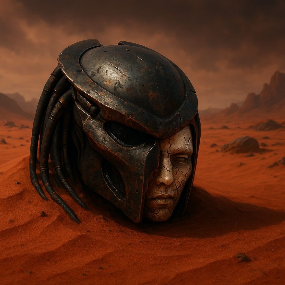Predator helmet lying in alien desert sand with cracked humanoid reflection.