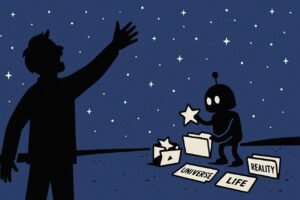 Human silhouette ranting at the sky while a small robot sorts star-shaped folders on the ground.