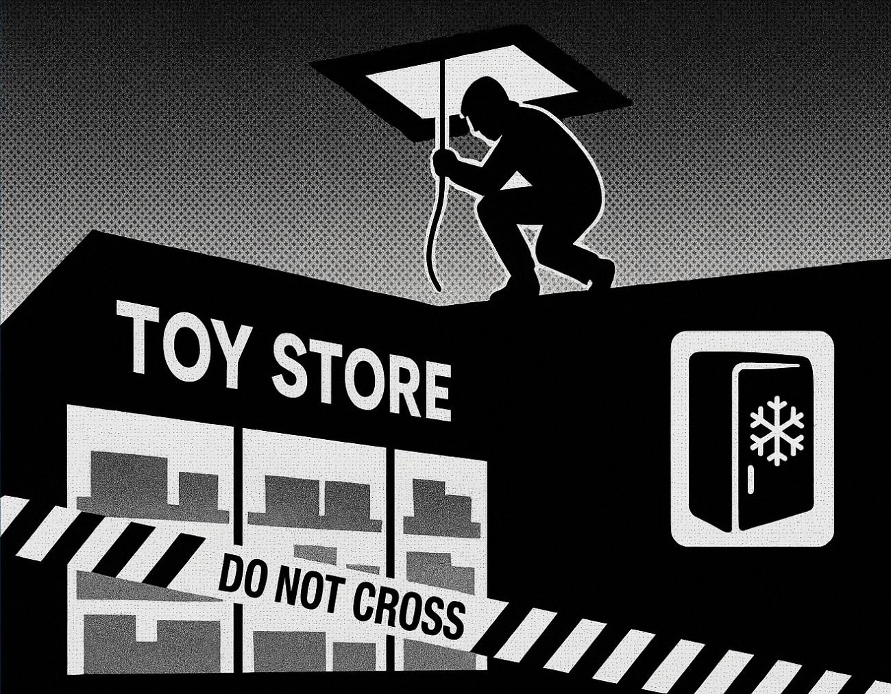 Minimalist graphic of a toy store facade with a roof hole and a small figure climbing in, a freezer icon to the right, on a halftone background.