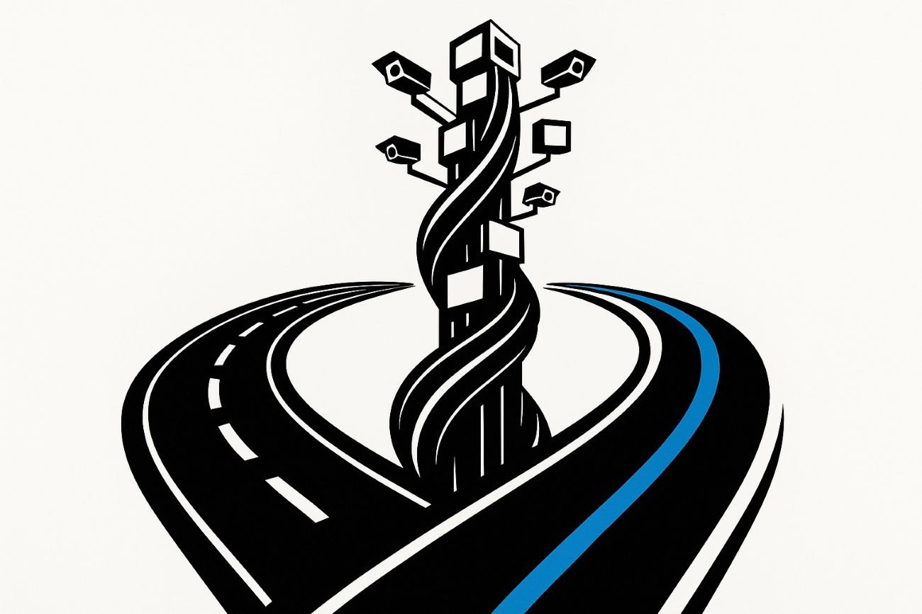 A minimalist black and white illustration of two race tracks curving into a single tall tower filled with cameras and screens.