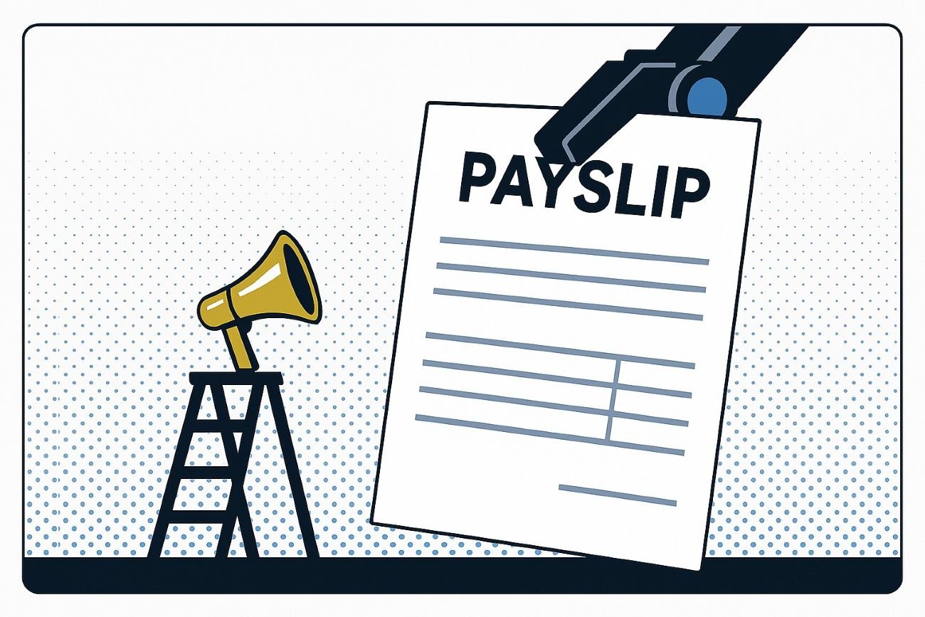 A large payslip pinned under a metal robotic clamp while a small golden megaphone on a step ladder points at it.
