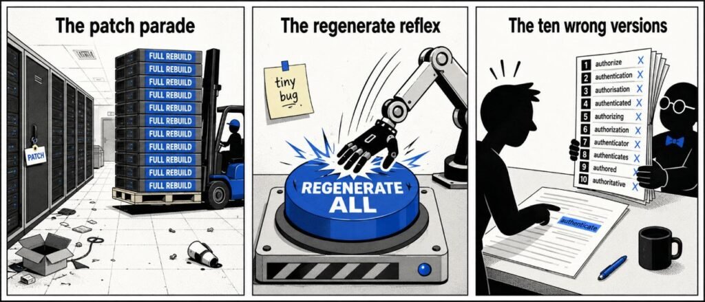 A 3-panel comic shows a tiny patch request triggering a full server rebuild, a robot arm pressing a "Regenerate All" button, and an assistant handing over 10 wrong document versions.
