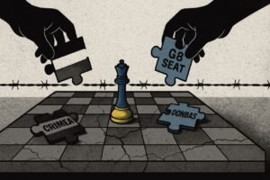 Minimalist illustration of a concrete chessboard with a small chipped king in Ukrainian colours near the edge, while two large shadow hands move labelled pieces for Crimea, Donbas, and G8 Seat into separate piles across a barbed wire line.