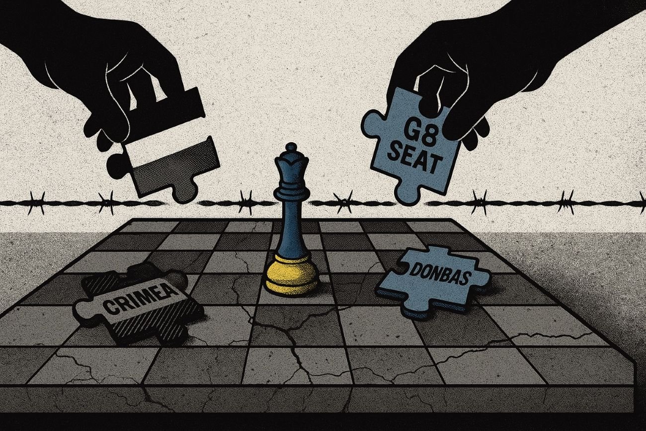 Minimalist illustration of a concrete chessboard with a small chipped king in Ukrainian colours near the edge, while two large shadow hands move labelled pieces for Crimea, Donbas, and G8 Seat into separate piles across a barbed wire line.