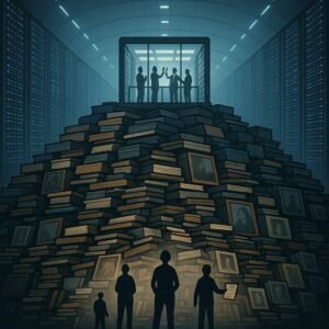 Wide view of a huge data centre built on top of piles of books, paintings and photographs, with small silhouetted artists underneath and business people celebrating in a glass room above.