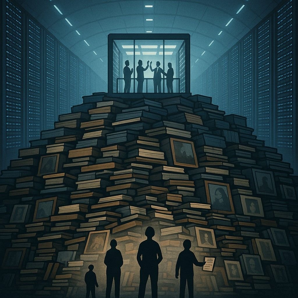 Wide view of a huge data centre built on top of piles of books, paintings and photographs, with small silhouetted artists underneath and business people celebrating in a glass room above.