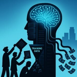 Silhouetted artists, writers, and musicians feed their work into a funnel connected to a huge server-shaped head with a glowing blue brain, while money flows from the head toward distant corporate skyscrapers.