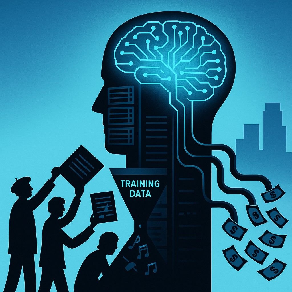 Silhouetted artists, writers, and musicians feed their work into a funnel connected to a huge server-shaped head with a glowing blue brain, while money flows from the head toward distant corporate skyscrapers.