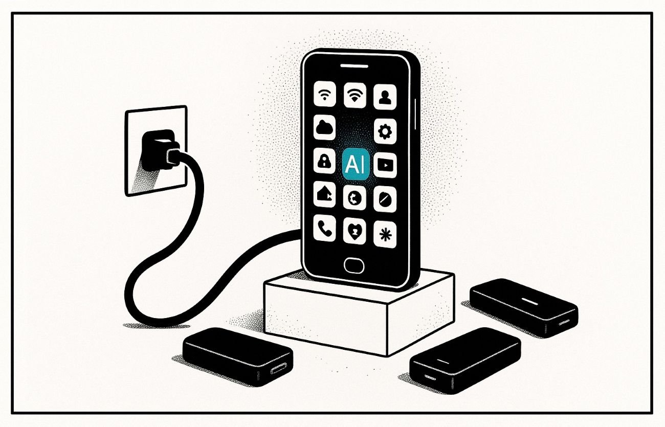 A modern smartphone glowing with app icons stands on a plinth while a heavy power cable ties it to a wall socket, with several power banks scattered around it on the floor.