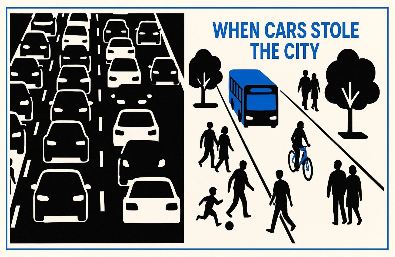 Overhead view of a city street divided into two halves: one side filled with dense car traffic and narrow pavements, the other side redesigned as a broad pedestrian and cycling space with a single bus lane and trees.