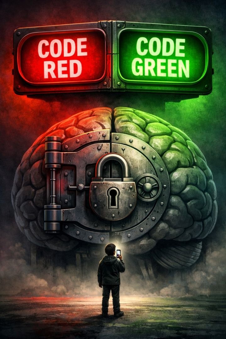 A split traffic light shows red "CODE RED" and green "CODE GREEN" above a small person holding a phone toward a large brain-shaped vault with a padlock.