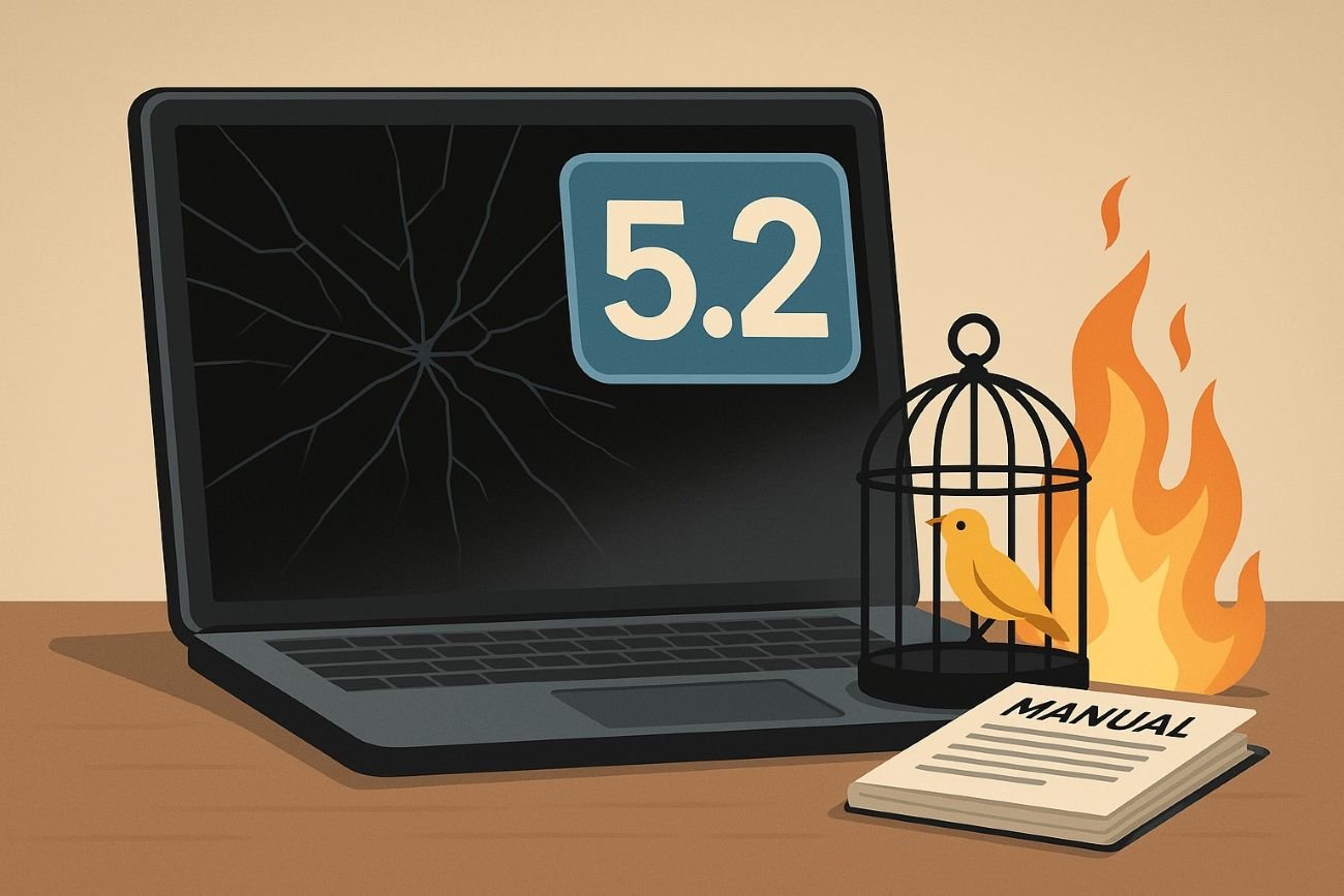A cracked computer screen with a shiny sticker reading "5.2" covering the damage. A small birdcage and a burning manual sit on the desk in a minimalist scene.