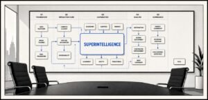 A boardroom wall shows a large product roadmap with "Superintelligence" as the main target. A small box labelled "Soul" sits disconnected in the corner.