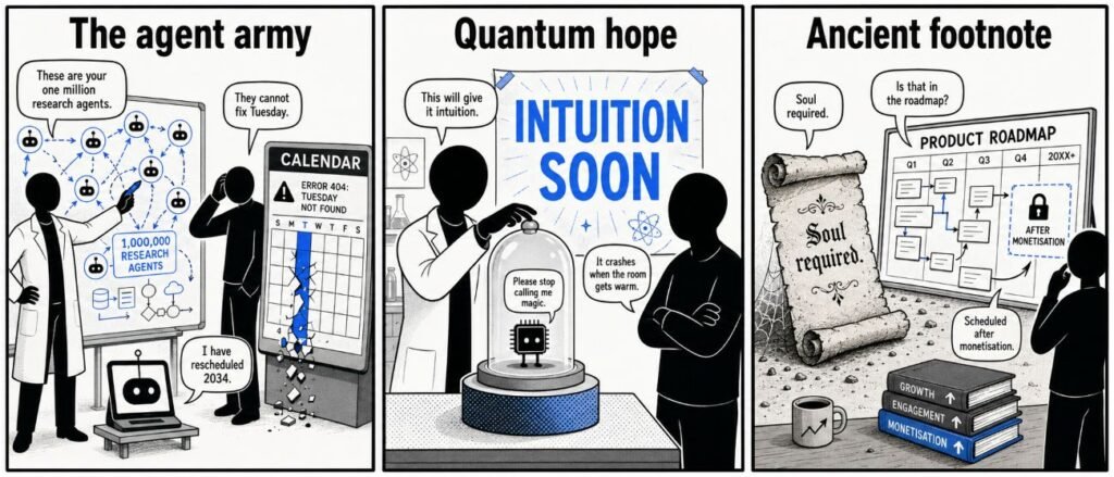A 3-panel comic shows an agent whiteboard, a quantum chip presented as intuition, and a dusty scroll asking for soul on a product roadmap.
